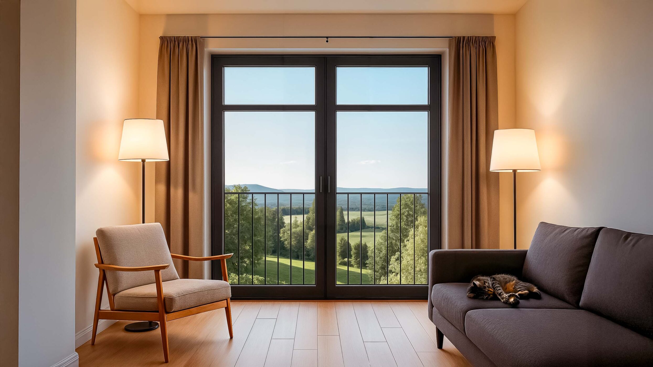 Einladendes Wohnzimmer mit landschaftlichem Ausblick